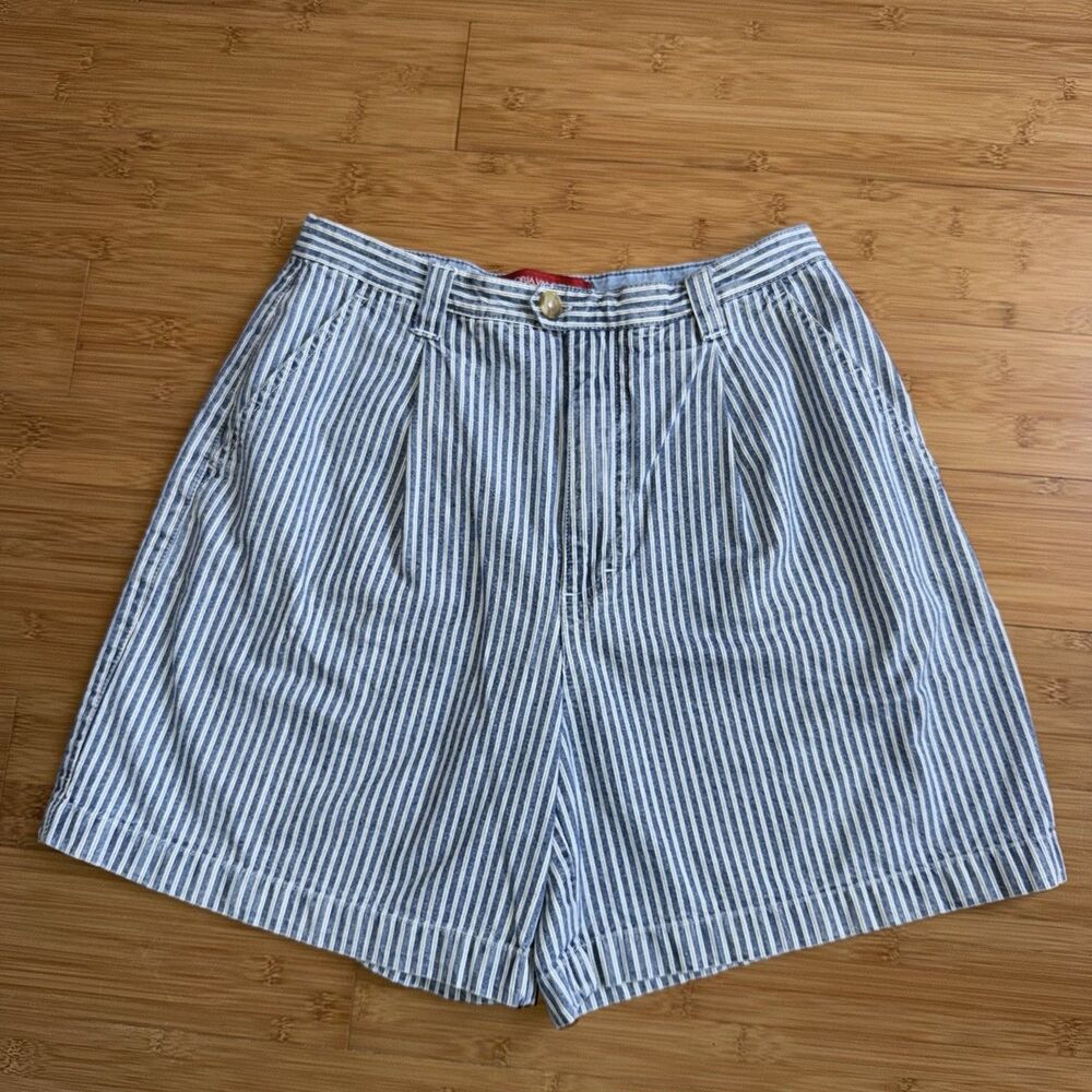VTG Gloria Vanderbilt Blue White Striped Pleated Shorts 10 High Waisted 90s
